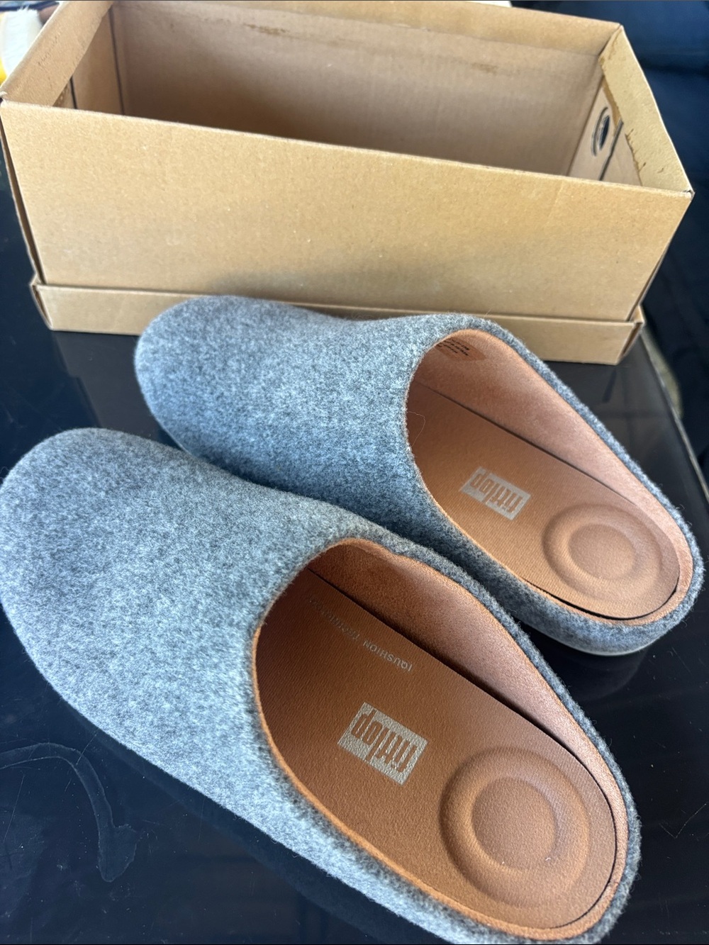 Fitflop Women's Gray Felt Slip-On Slippers with Brown Insole